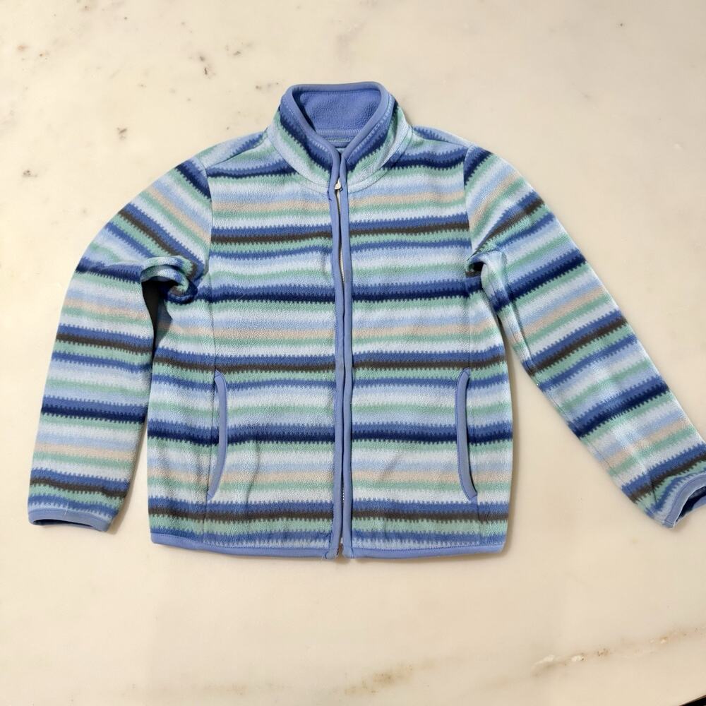 Uniqlo Kid's 7-8 Fleece Jacket Striped Blue Full Zip Mock Neck Pocket Outerwear